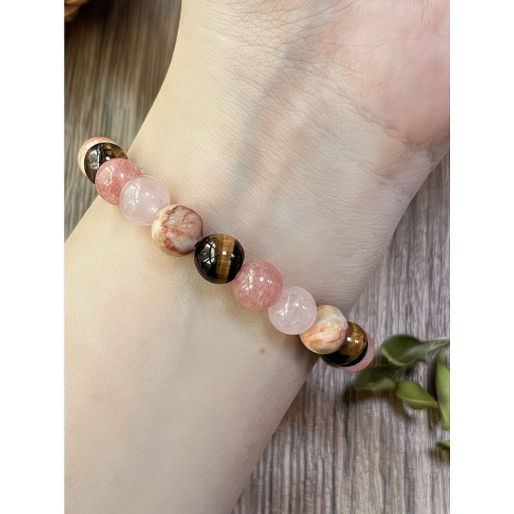 Soothing Body & Mind Handcrafted Bracelet Tiger Stone Rose Quartz Pink Jasper
